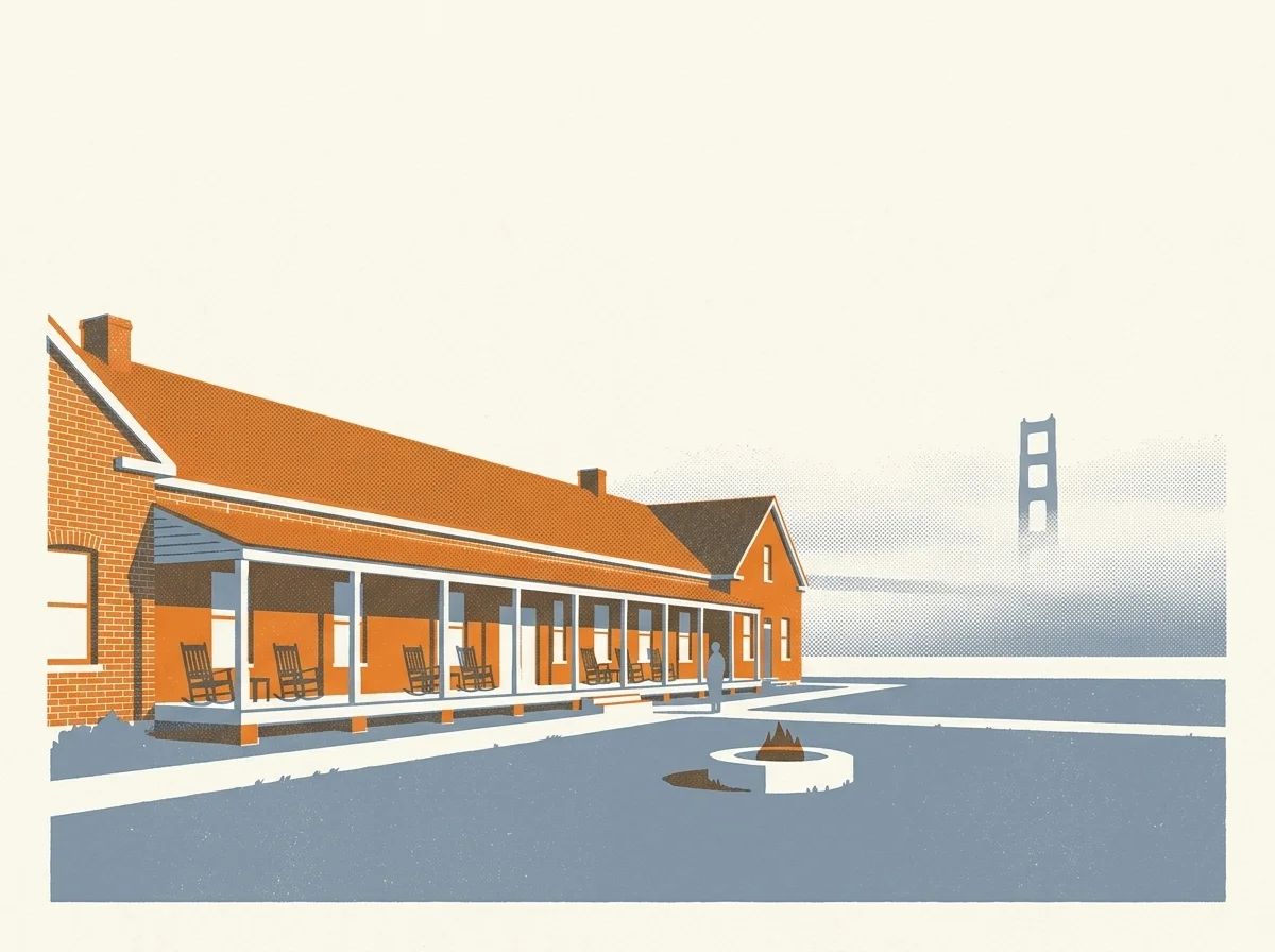 Illustration of an old barracks building with a porch and fire pit