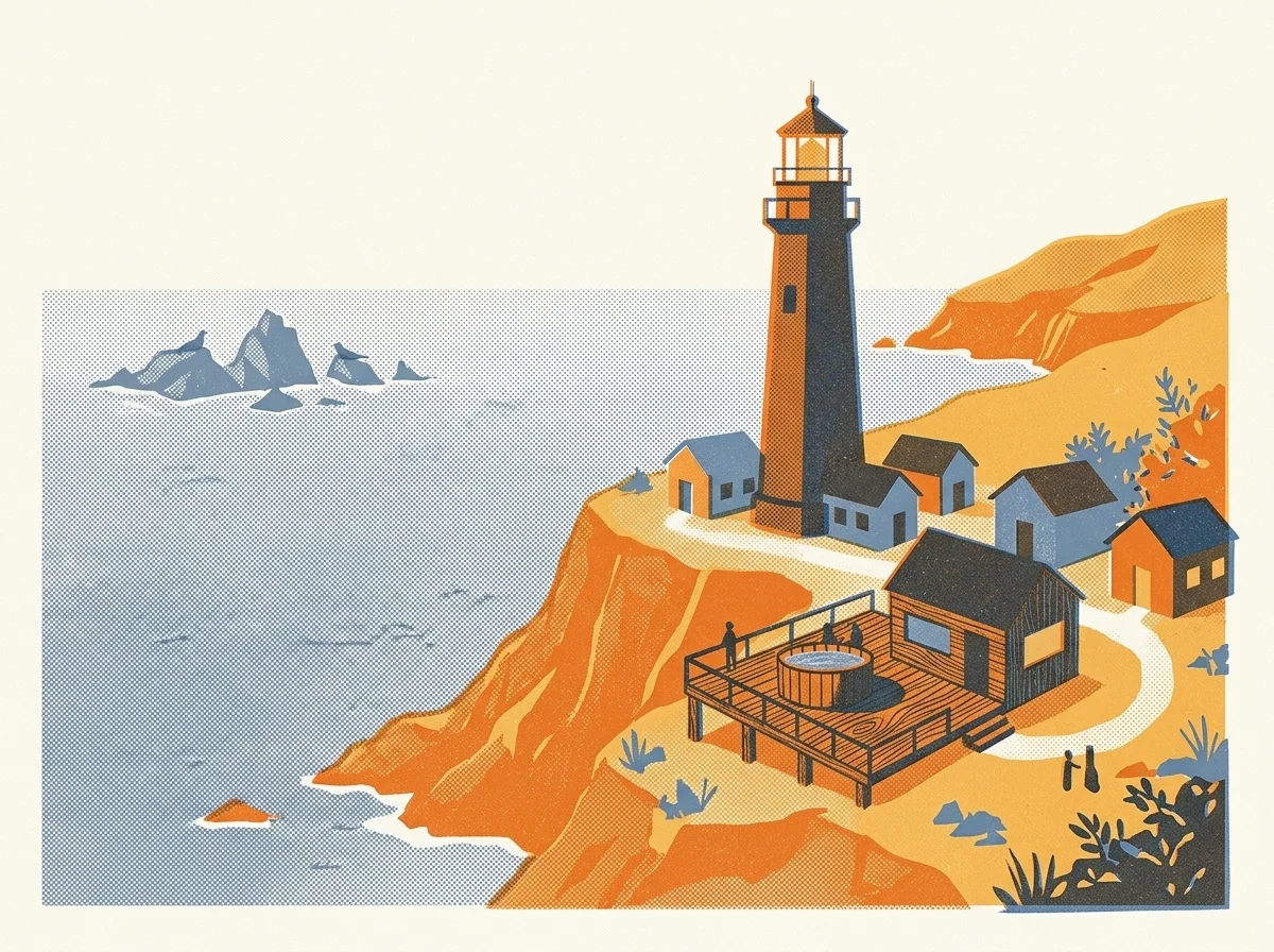 Illustration of a tall lighthouse and cottages on a sea cliff