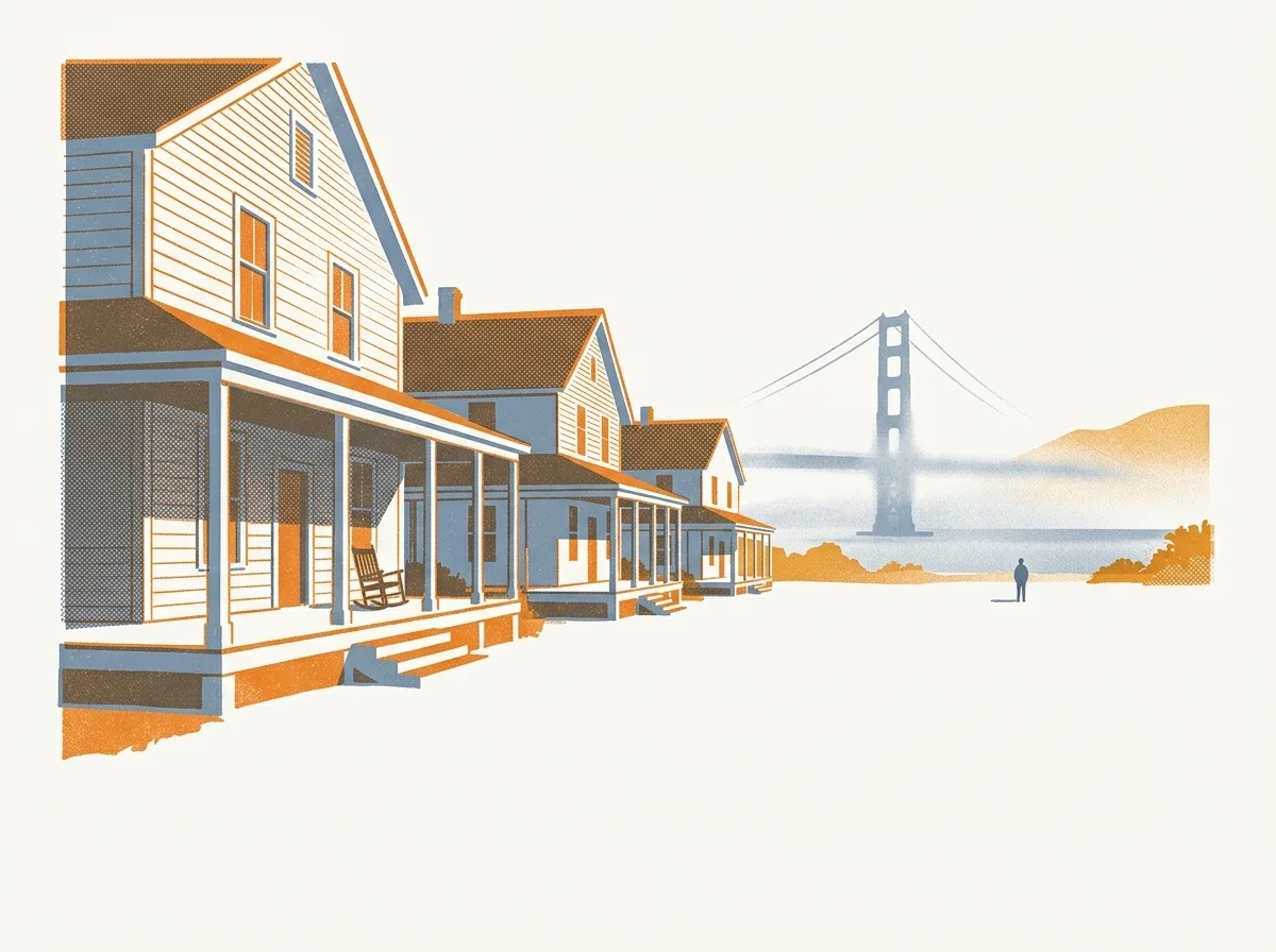 Illustration of historic lodge buildings on a lawn near the bay