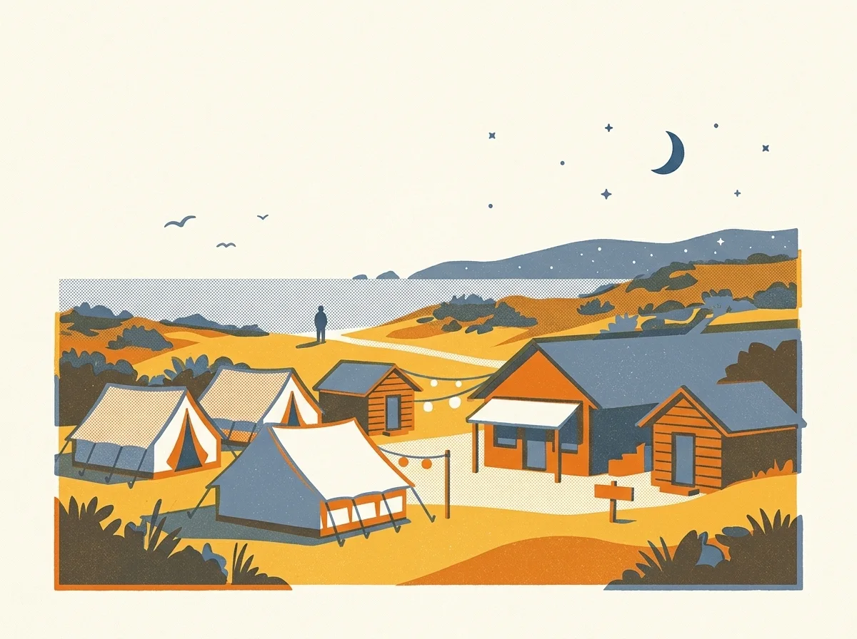 Illustration of tent bungalows and cabins in a coastal meadow