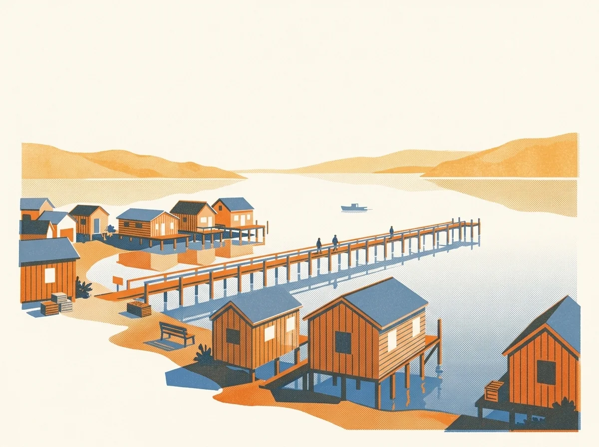 Illustration of wooden cottages on stilts along a calm bay